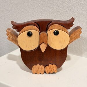 Hand Carved Wooden Owl Figurine Signed Shanoo Folk Art